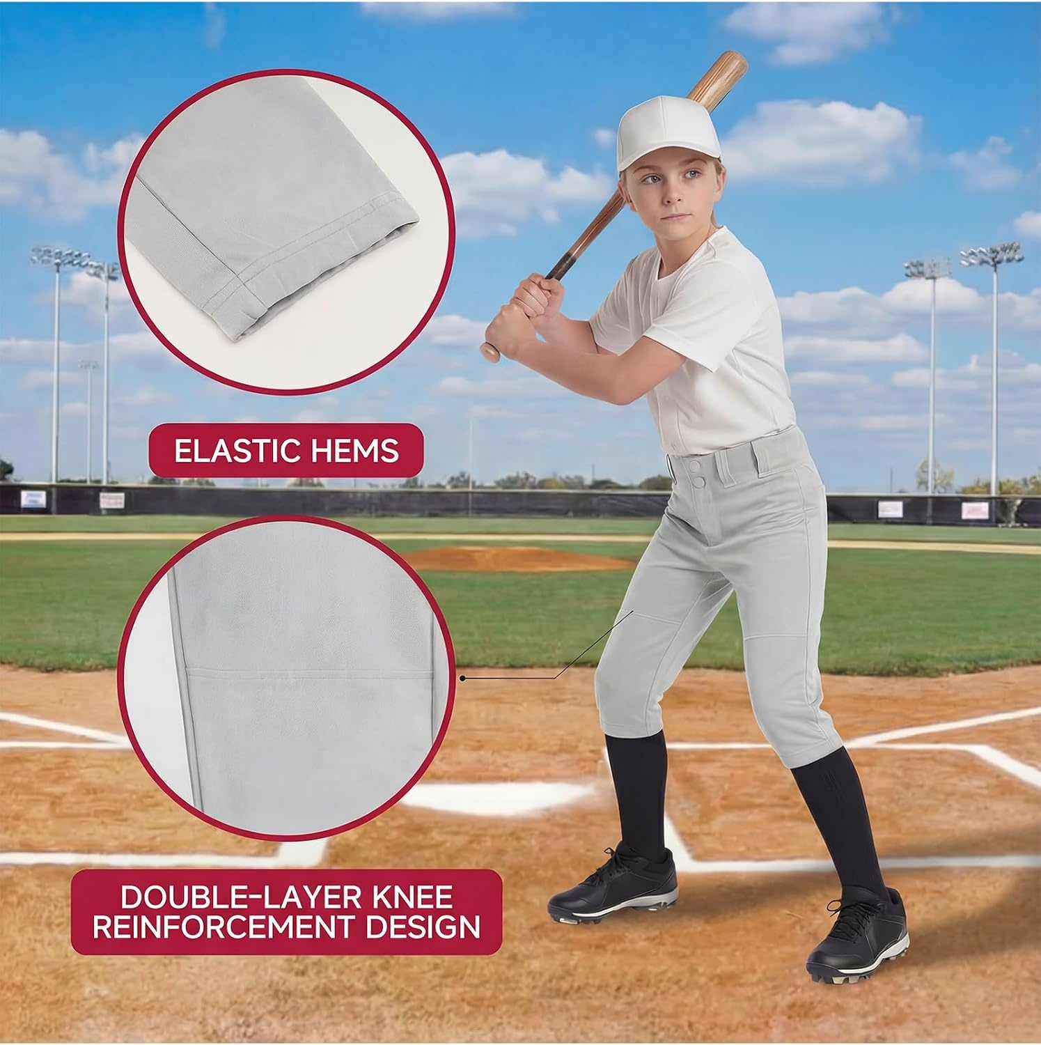 Stelle Girls Softball Pants Knickers Style with Pockets for Youth Kids | Knee-high, Fastpitch, Tee Ball, Belt Loops, Double Knee Performance, Durable, Practice, Game Day, Elastic Leg Openings(Light Grey)