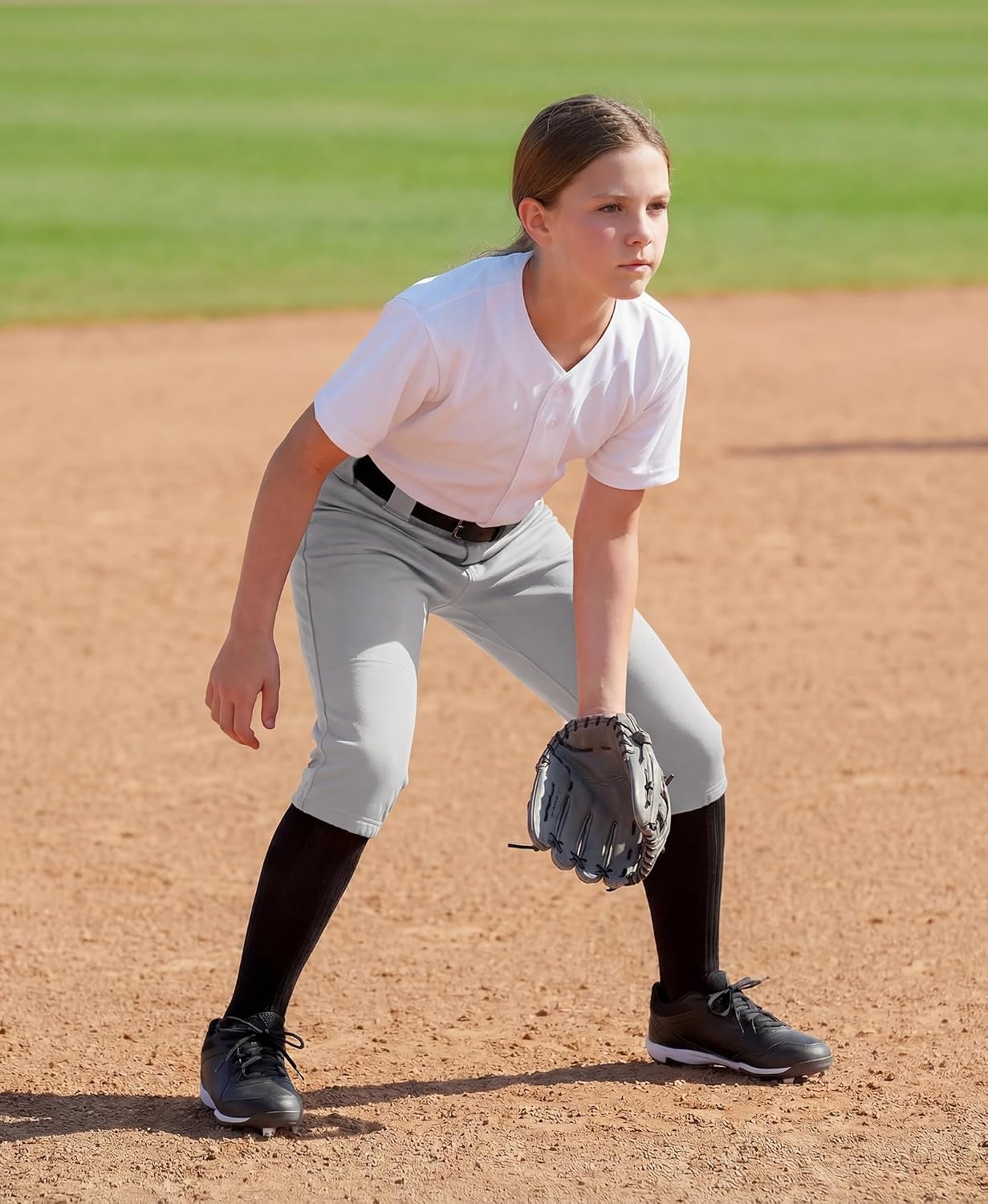Stelle Girls Softball Pants Knickers Style with Pockets for Youth Kids | Knee-high, Fastpitch, Tee Ball, Belt Loops, Double Knee Performance, Durable, Practice, Game Day, Elastic Leg Openings(Light Grey)