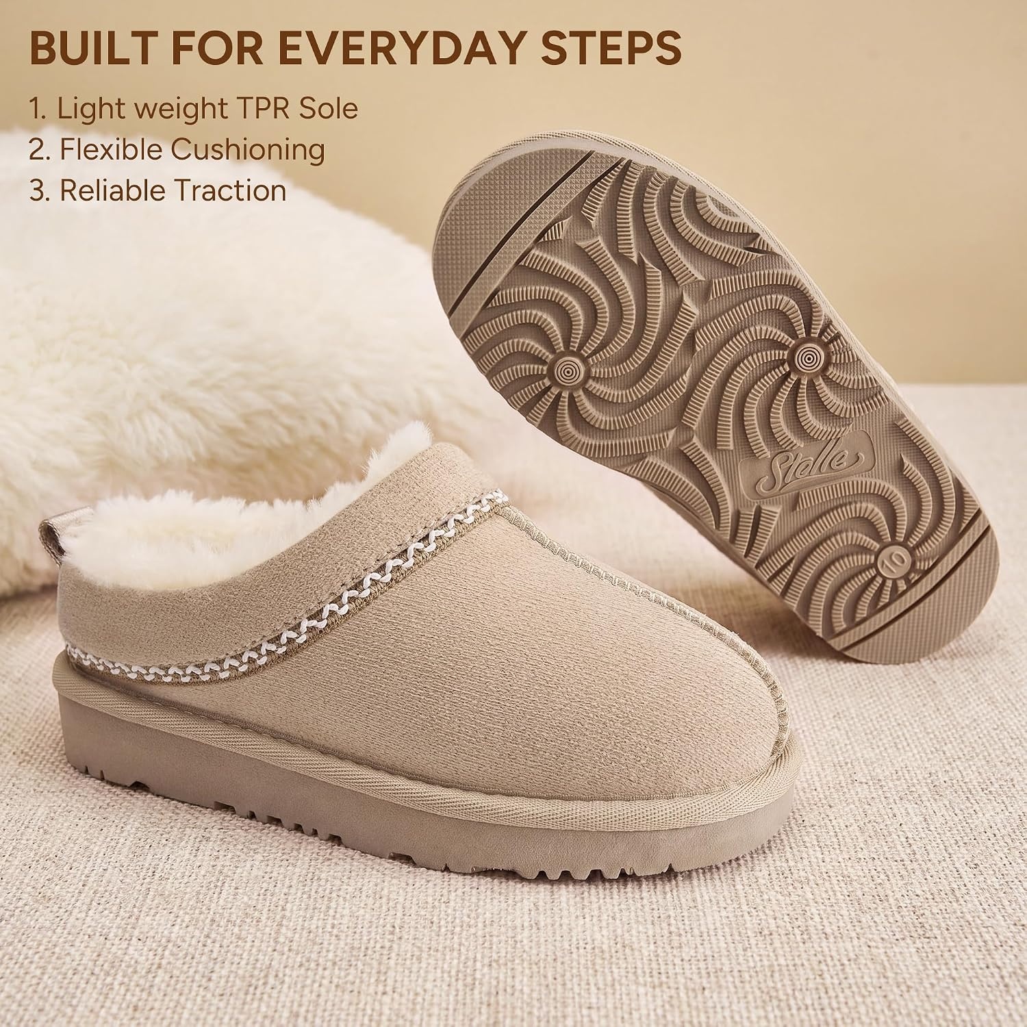 Stelle Girls Slippers Kids Fuzzy House Shoes Slip-On Indoor Outdoor(Dune)