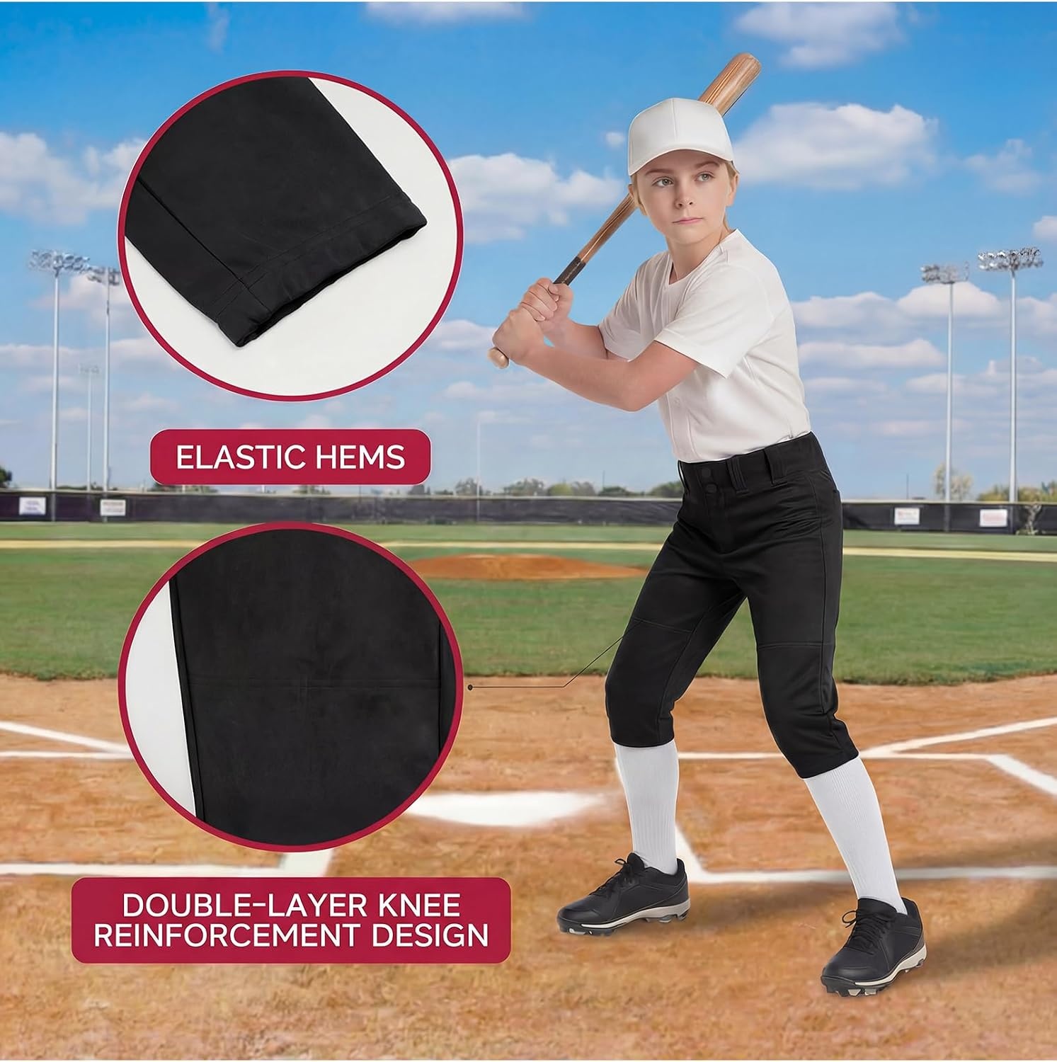 Stelle Girls Softball Pants Knickers Style with Pockets for Youth Kids | Knee-high, Fastpitch, Tee Ball, Belt Loops, Double Knee Performance, Durable, Practice, Game Day, Elastic Leg Openings(Black)