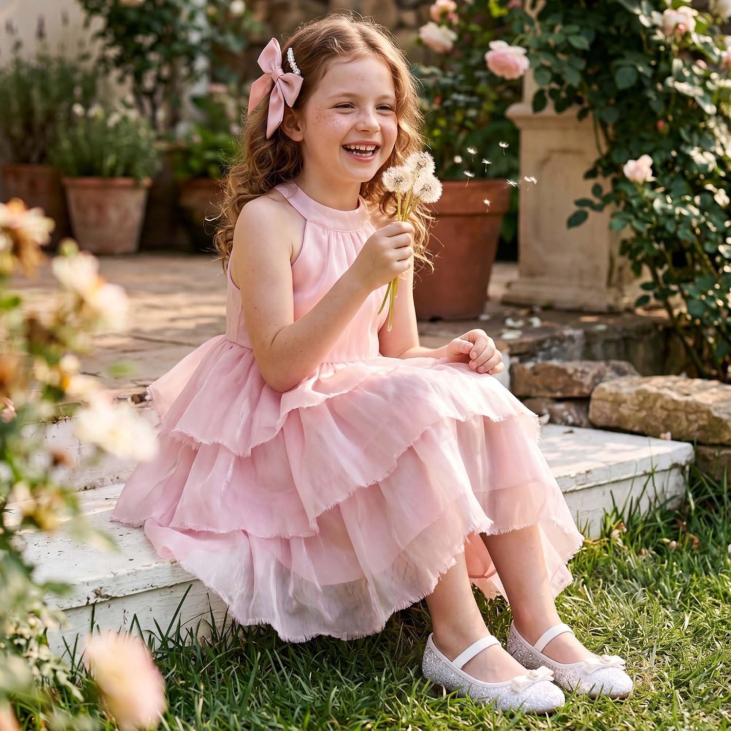 Stelle Girls Glitter Dress Shoes Flats with Pearl Bow for Party Flower Girl | Elastic strap, Cushioned comfort, Princess shoes, Ballet flat style, Flower girl, Dress-up, Special occasions(White)