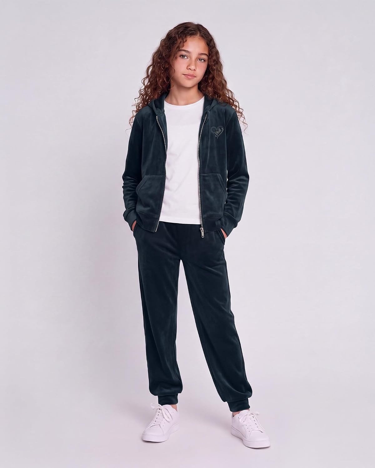 Stelle Girls Velour Tracksuits Zip Up Hoodies Joggers with Pockets 5-15 Y(Navy)