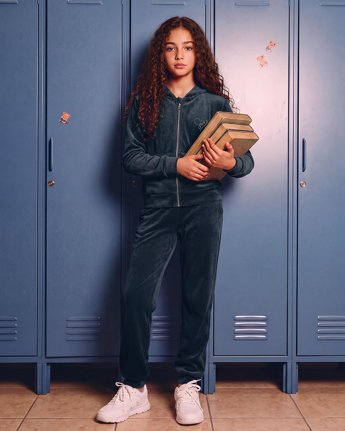 Stelle Girls Velour Tracksuits Zip Up Hoodies Joggers with Pockets 5-15 Y(Navy)