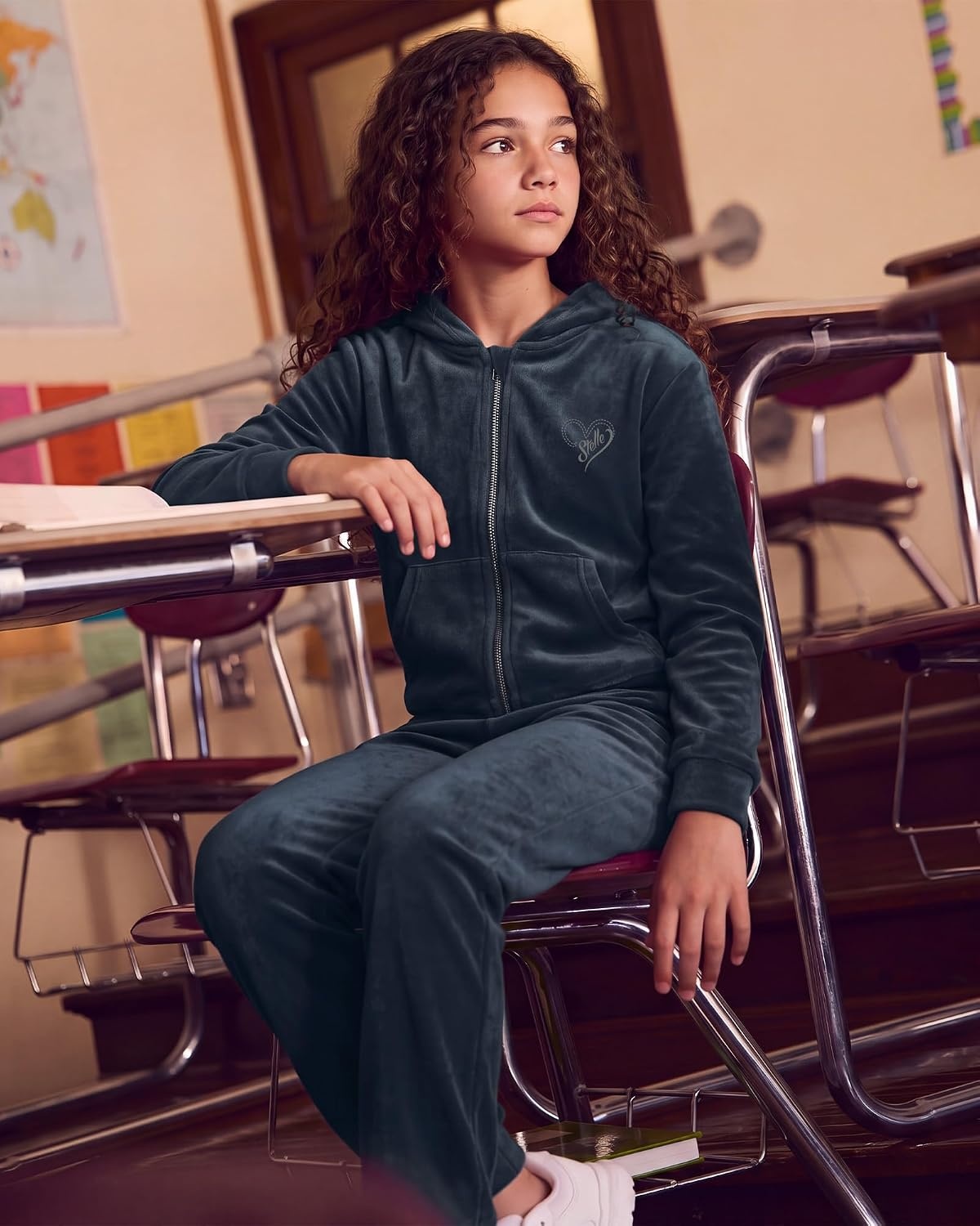 Stelle Girls Velour Tracksuits Zip Up Hoodies Joggers with Pockets 5-15 Y(Navy)