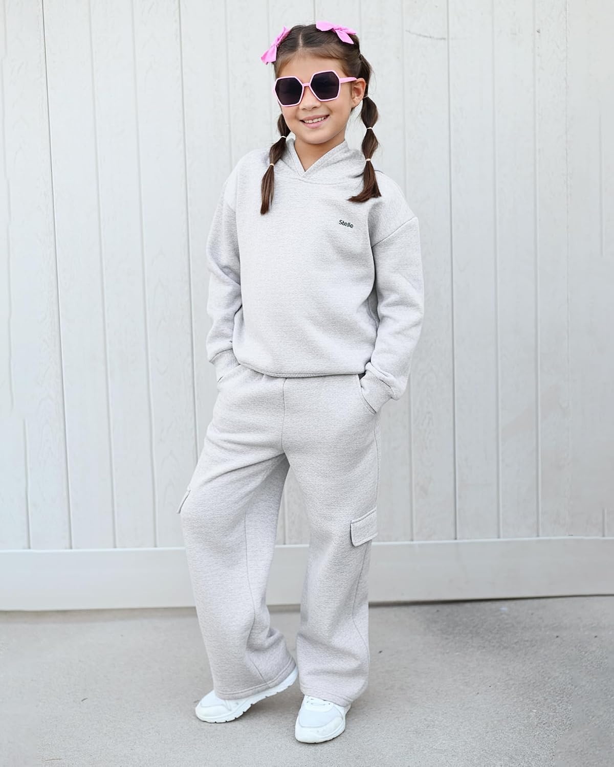 Stelle Girls 2 Pieces Sweatsuit Hoodies Sweatpants Sets 5-15Y(Light Heather Grey)