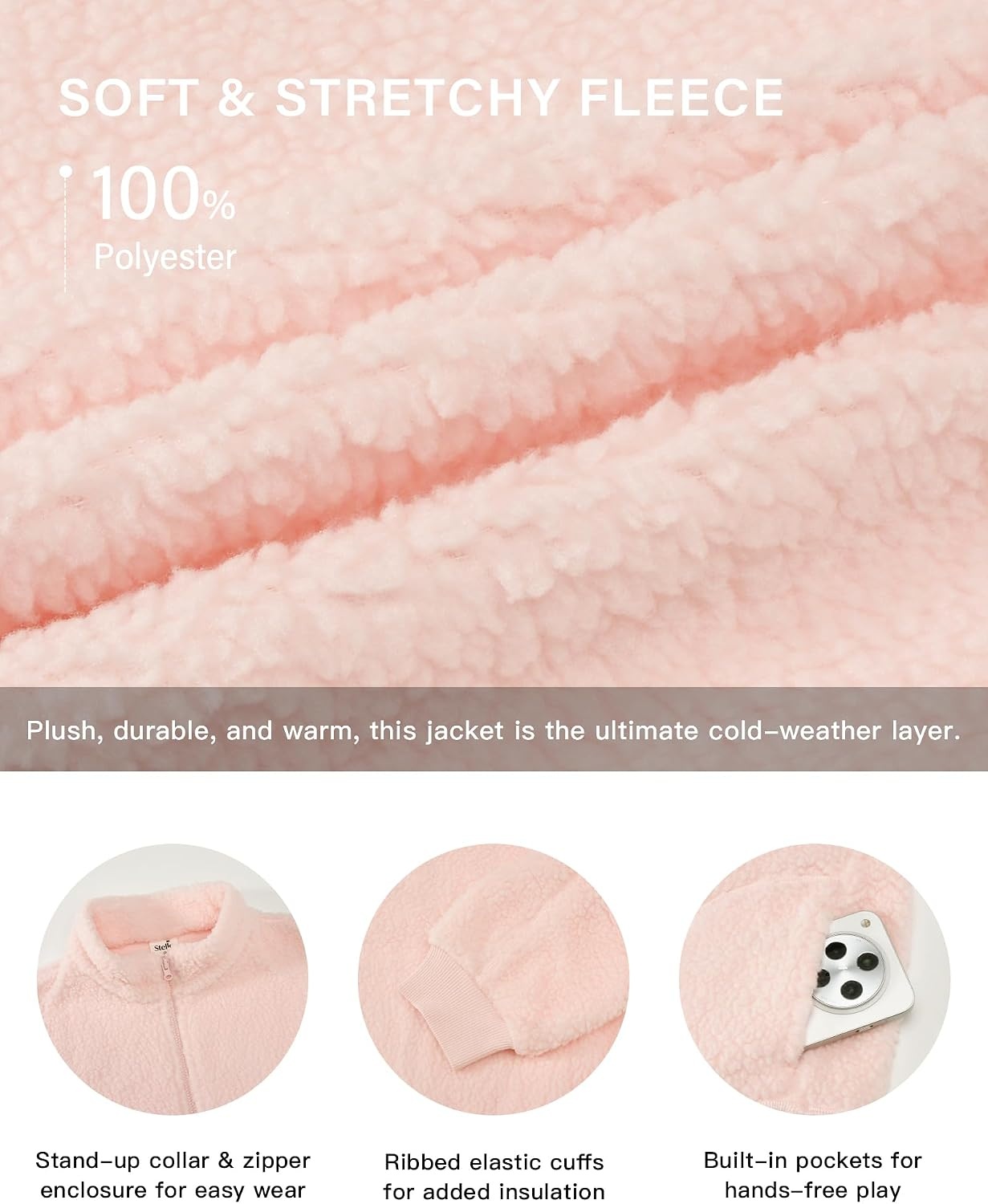 Stelle Girls Sherpa Jacket Fall Fleece Coat Full Zip Winter Fuzzy Outerwear with Pockets for 4-15 Years(Pearl Pink)