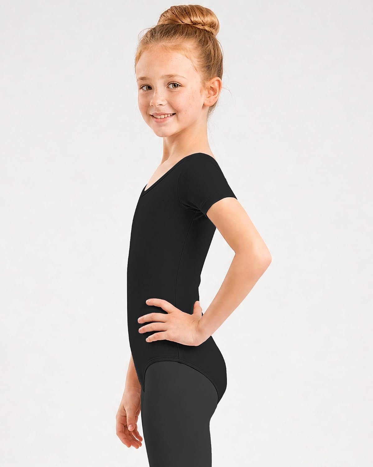 Stelle Girls Short Sleeve Leotards with Tights for Ballet/Dance Outfits(Black)