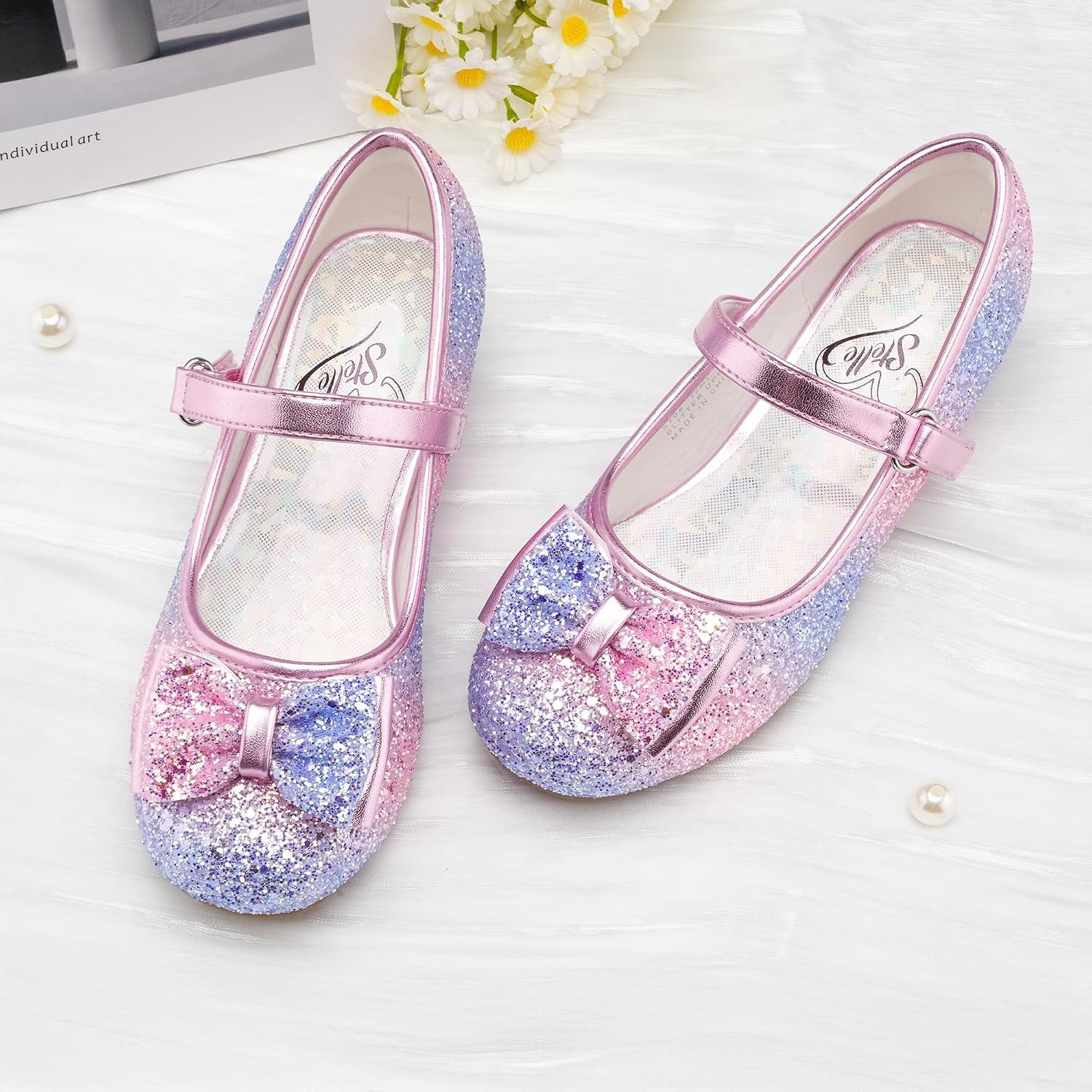 Stelle Girls Dress Shoes Glitter Princess Low Heels for Party Wedding Prom | Shiny glitter finish, Bowknot charms, 1 inch Low Heel, Cushioned comfort, Dress-up, Special occasions, Comfortable fit(T08-rainbow Blue)