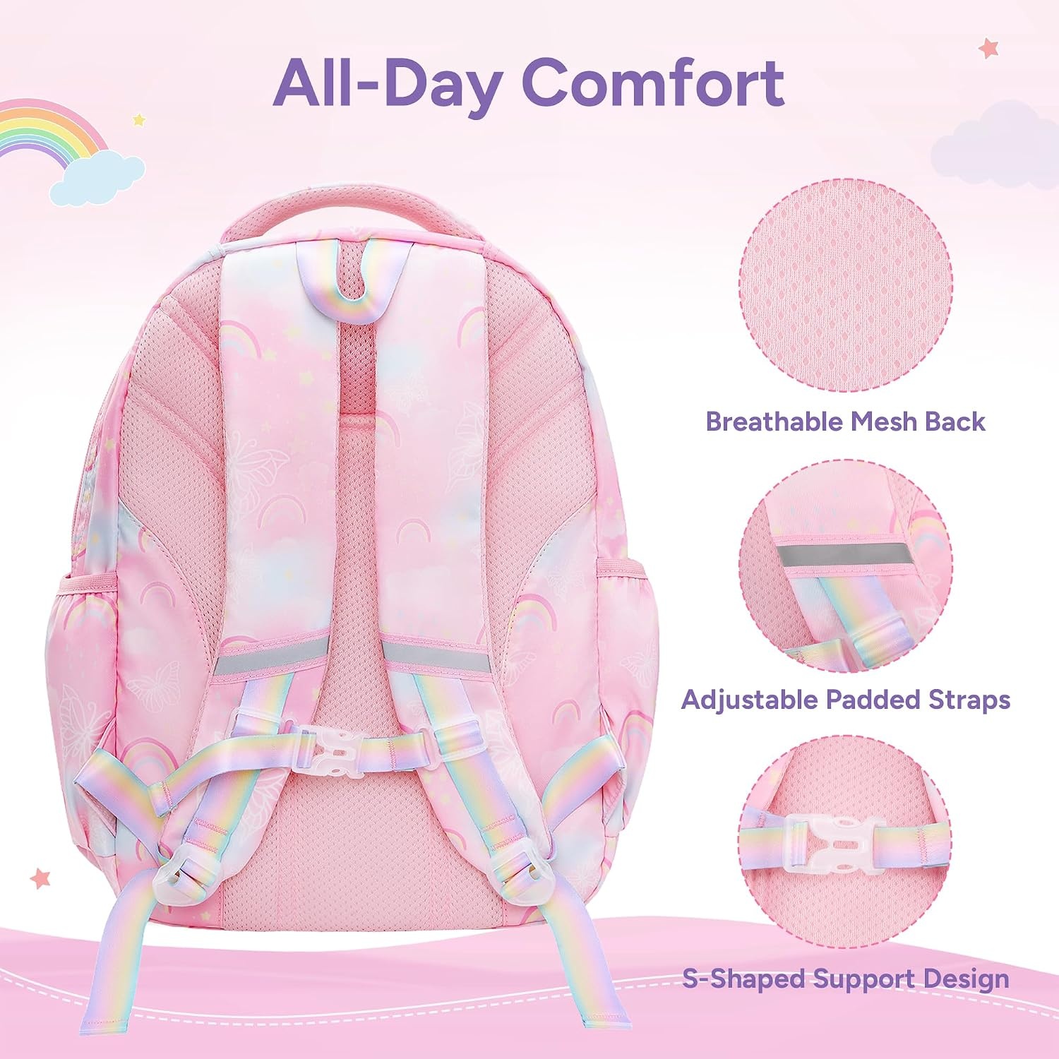 Stelle Girls Backpack Butterfly Bookbag Kids School Bags | with Lunch box,Kindergarten,Elementary,Middle school,Rainbow,Pink,Purple,Ages 6+,Lightweight,Cute(Rainbow Pink)