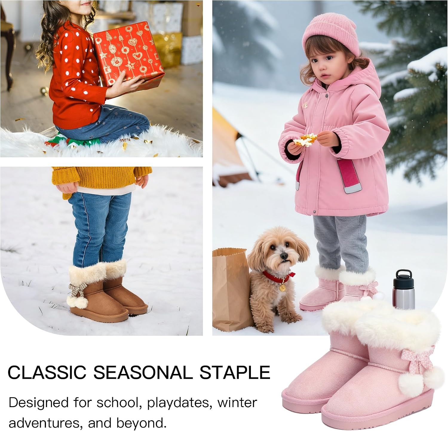 STELLE Girls Winter Boots Toddler Kids Snow Ankle Fuzzy Boots for Little/Big Kid(Warm Pink)