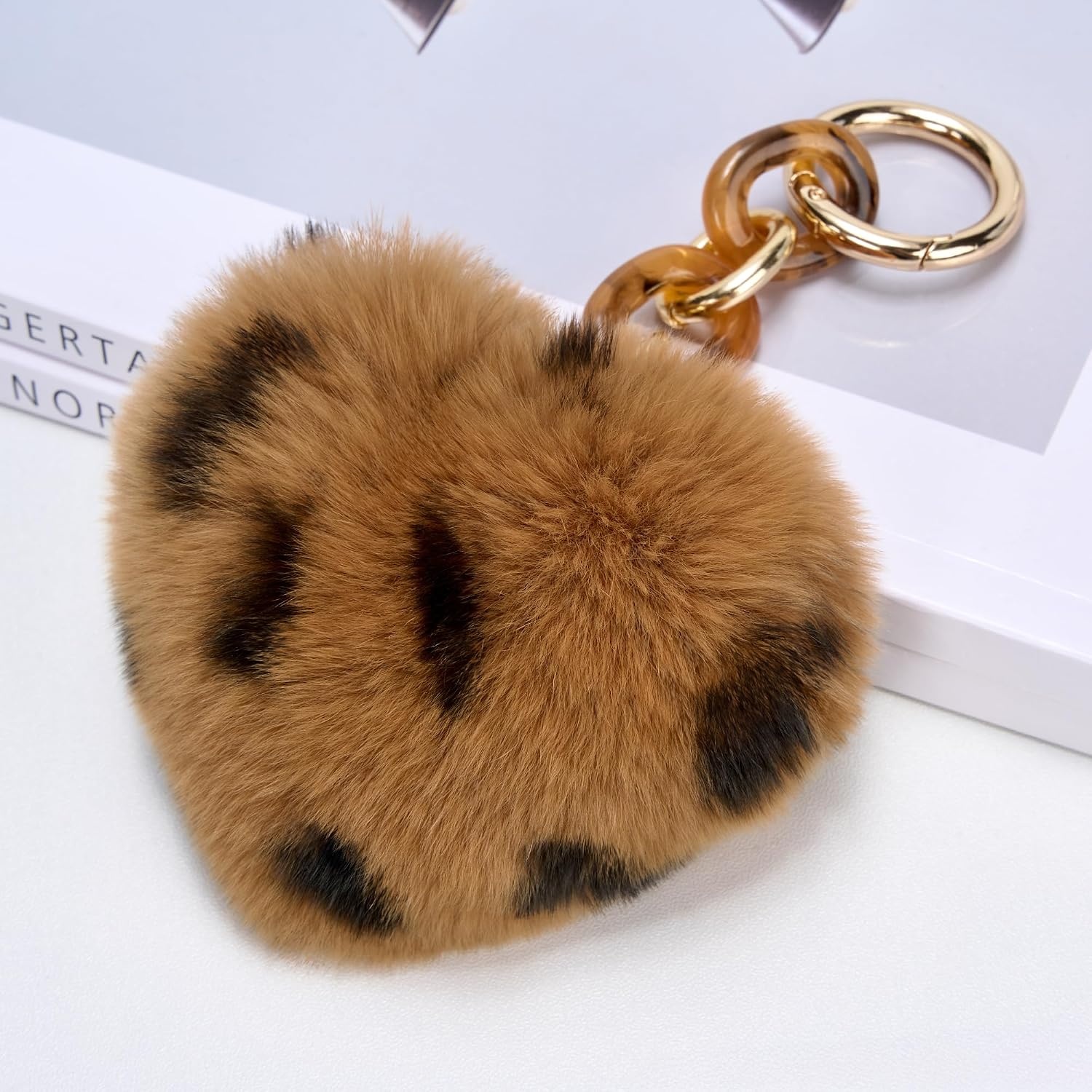 Stelle Pom Pom Keychain Rabbit Fur Bag Charms Fluffy Cute Keychains Purse Backpack Accessories Gifts for Girls/Women(Cheetah-heart)