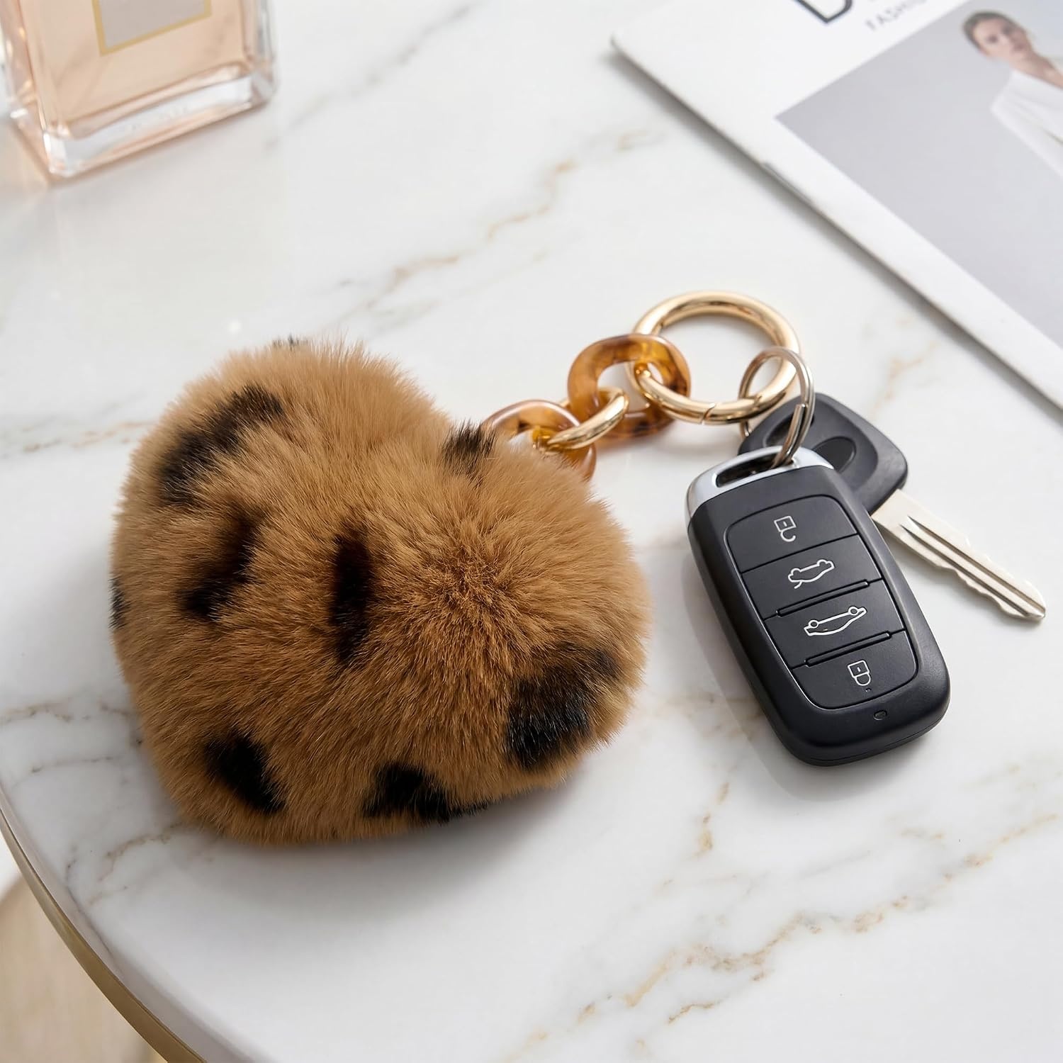 Stelle Pom Pom Keychain Rabbit Fur Bag Charms Fluffy Cute Keychains Purse Backpack Accessories Gifts for Girls/Women(Cheetah-heart)