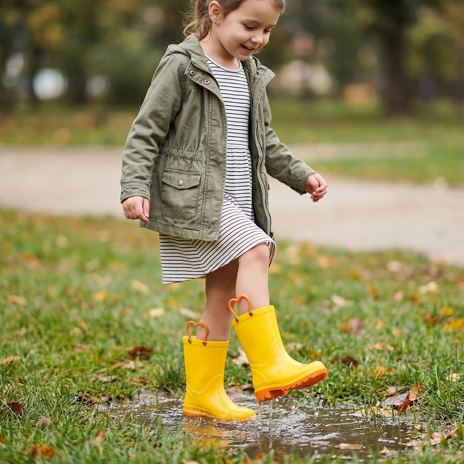 Stelle Girls Waterproof Rain Boots with Easy-On Handles | Girls & Boys Lightweight Cute Heart Handles Non-Slip Sole Rain Puddle Outdoor Play for Toddler to Kids(Yellow)
