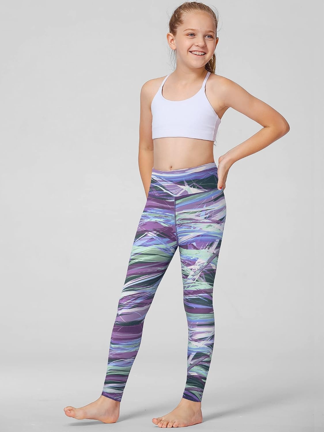 Stelle Girls Leggings with Hidden Pocket for Kids Dance Yoga Athletic Pants(Marble Blue)