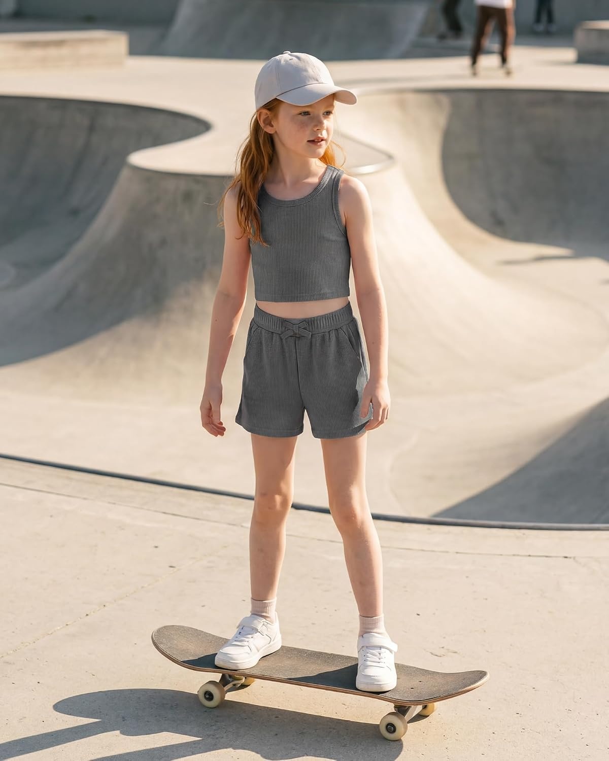 Stelle Girls 2 Piece Outfits Tank Top and Shorts with Pockets 5-15 Years | Girls Ribbed Crop Tops,Scoop Neck,Sleeveless shirts,Elastic Waist Shorts,Bow Waist,Side Pockets(Charcoal)