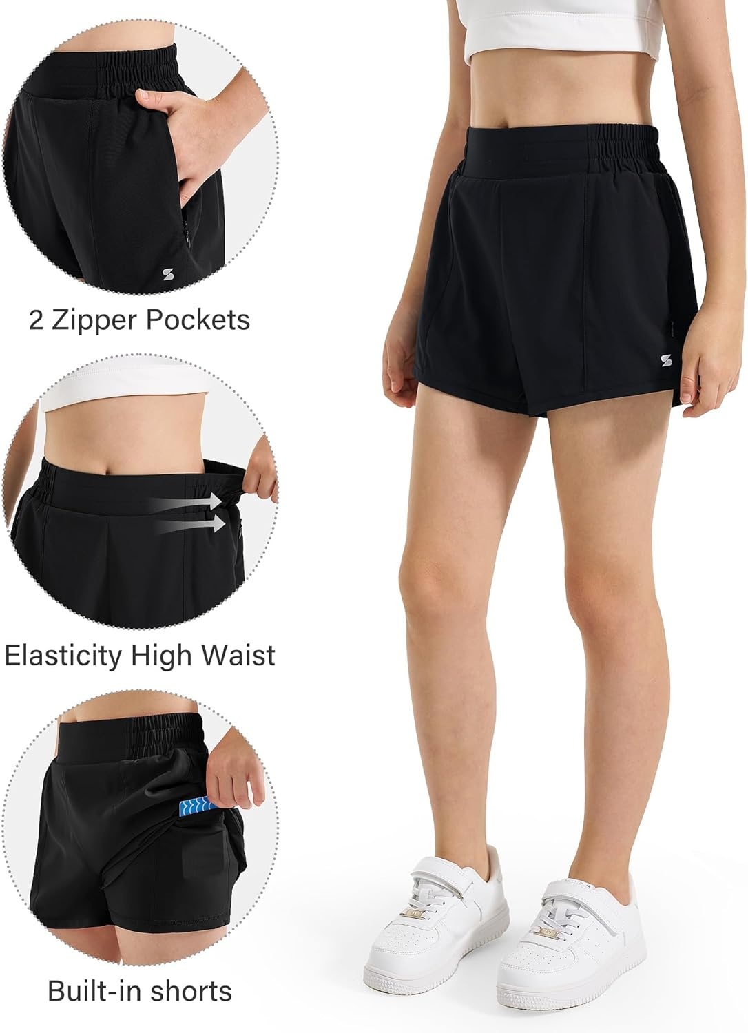 Stelle Girls Athletic Shorts with Built-in Liner Zipper Pockets High Elastic Waist Running Shorts for Teen Youth Girls(A-black)