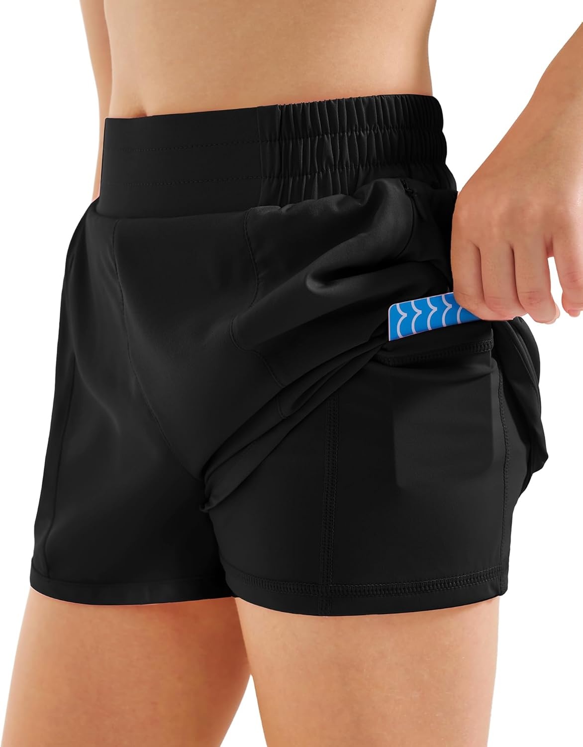 Stelle Girls Athletic Shorts with Built-in Liner Zipper Pockets High Elastic Waist Running Shorts for Teen Youth Girls(A-black)