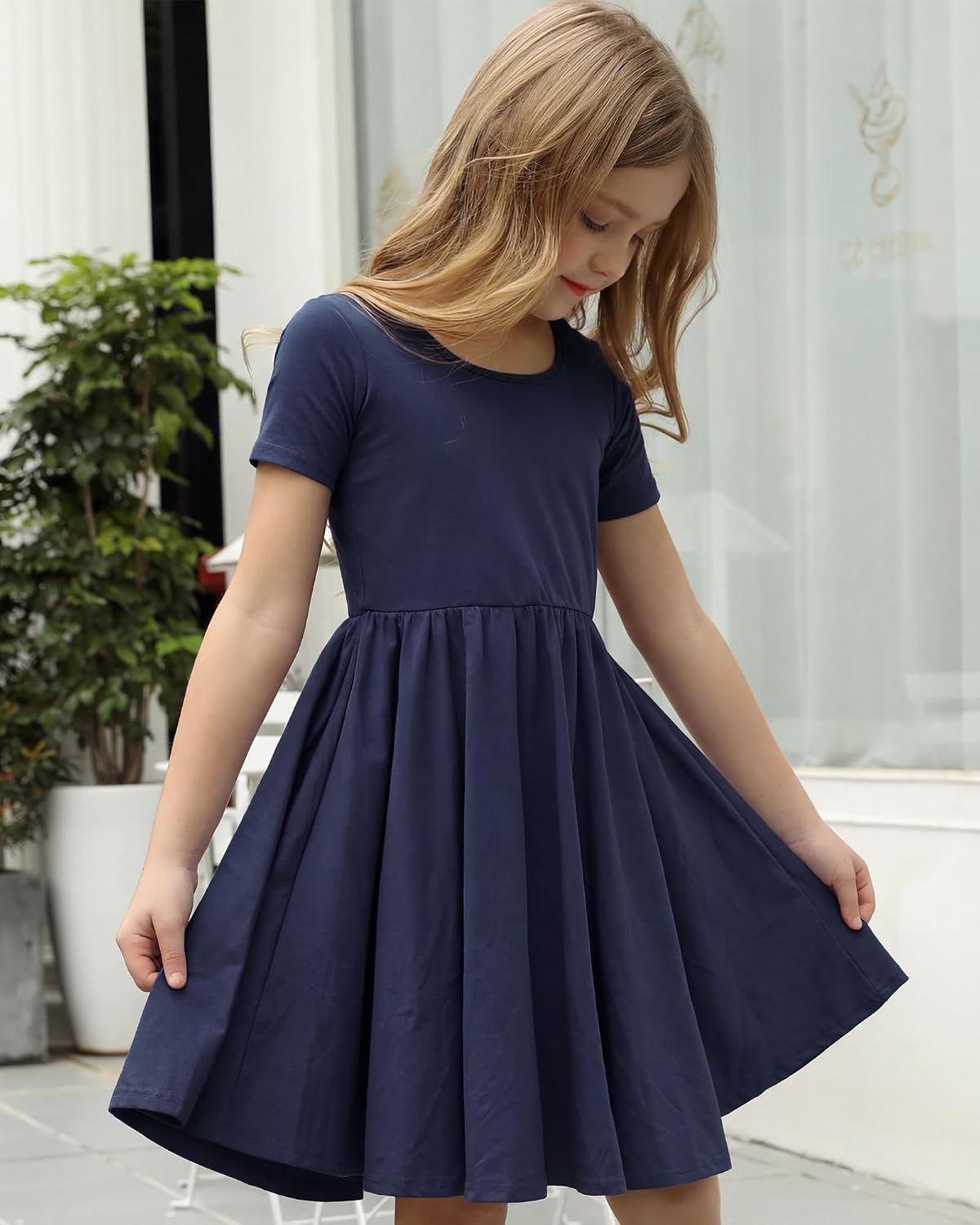 Stelle Girls Cotton Short Sleeve Twirl Skater Dress 3T-12Y(A02-navy (Without Pocket))