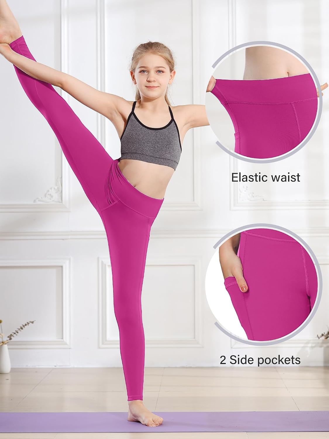 Stelle Girls’ Athletic Leggings Kids Dance Running Yoga Pants Workout Active Dance Tights with Pockets(Hot Pink)