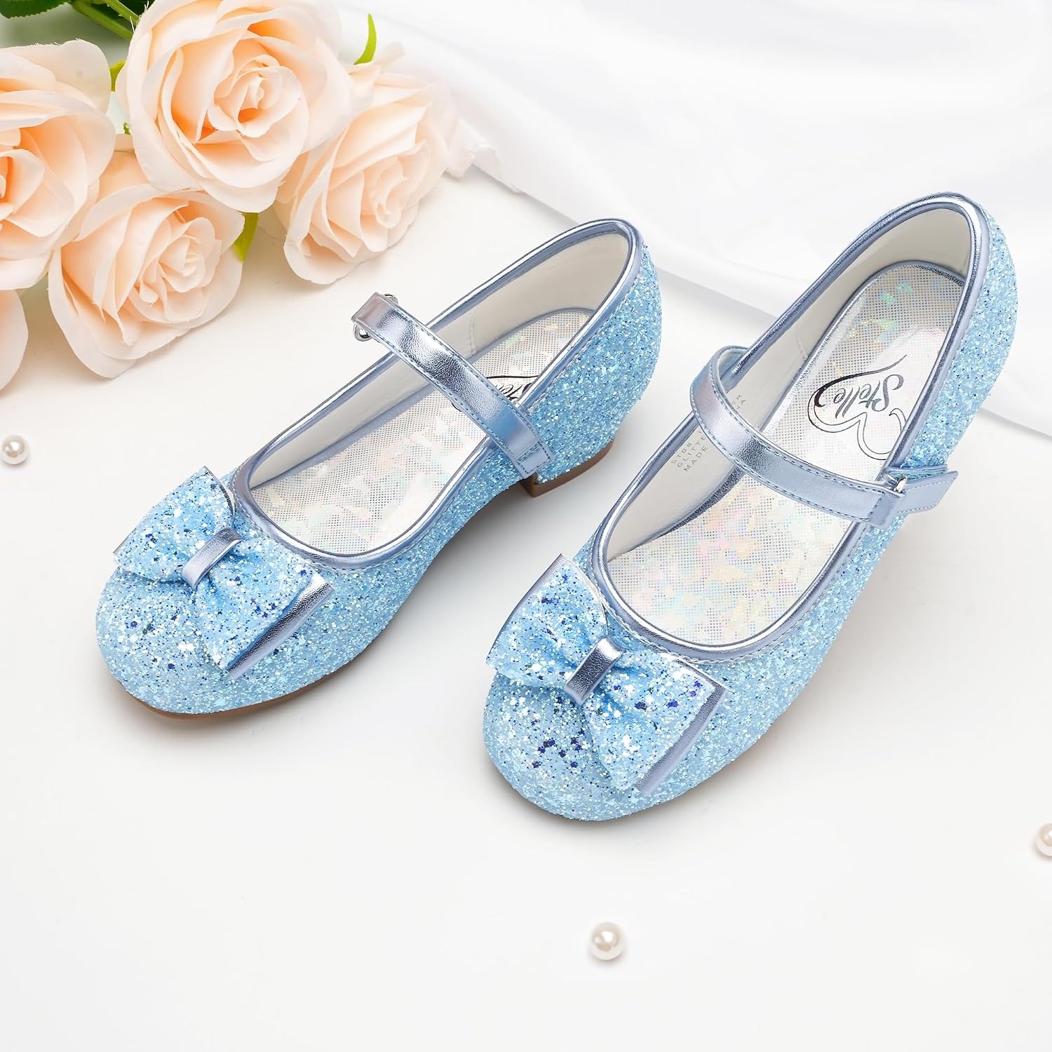 Stelle Girls Dress Shoes Glitter Princess Low Heels for Party Wedding Prom | Shiny glitter finish, Bowknot charms, 1 inch Low Heel, Cushioned comfort, Dress-up, Special occasions, Comfortable fit(T08-icy Blue)