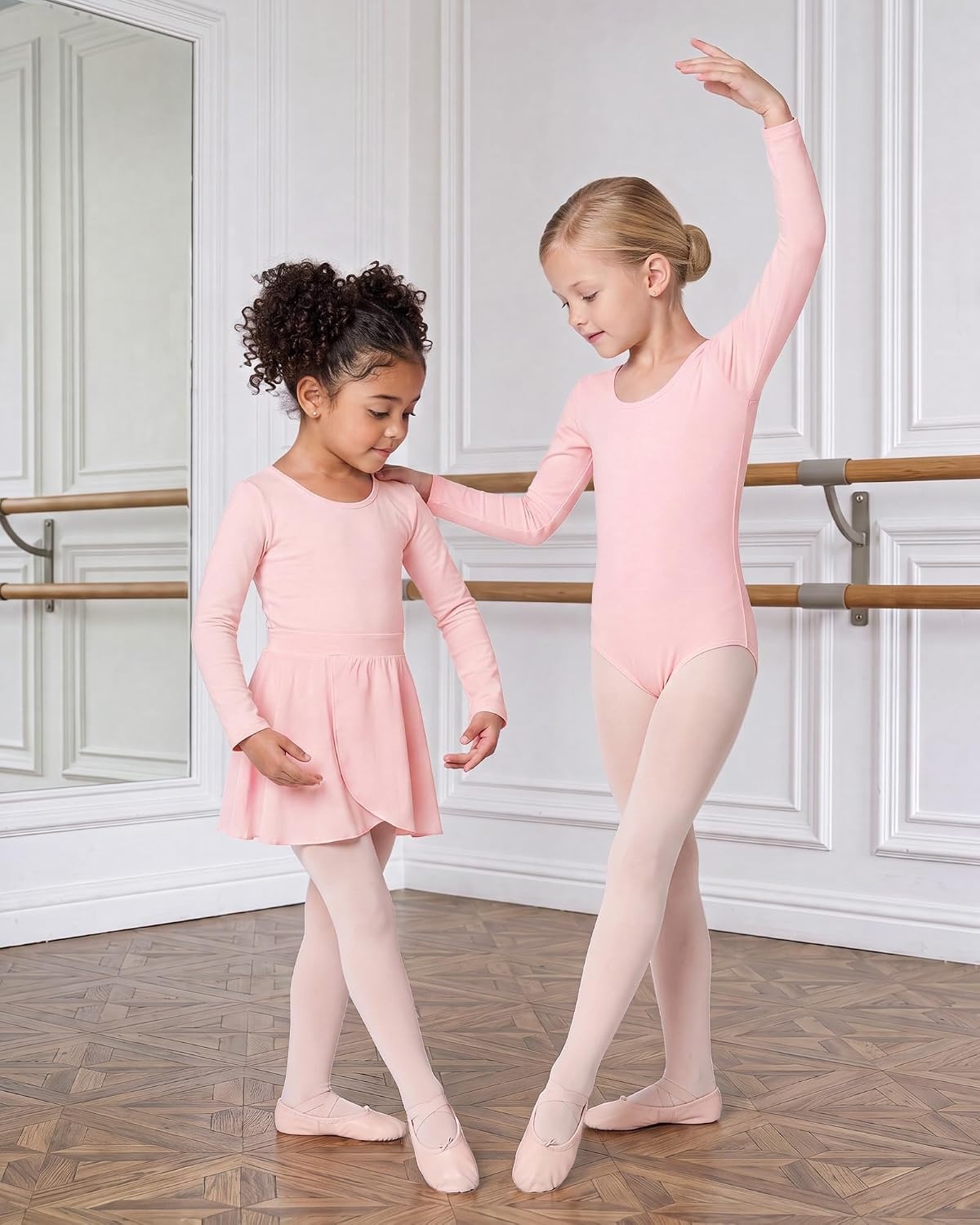 Stelle Girls Ballet Leotards Dance Outfits with Skirt and Footed Tights(04-ballet Pink-long Sleeve)