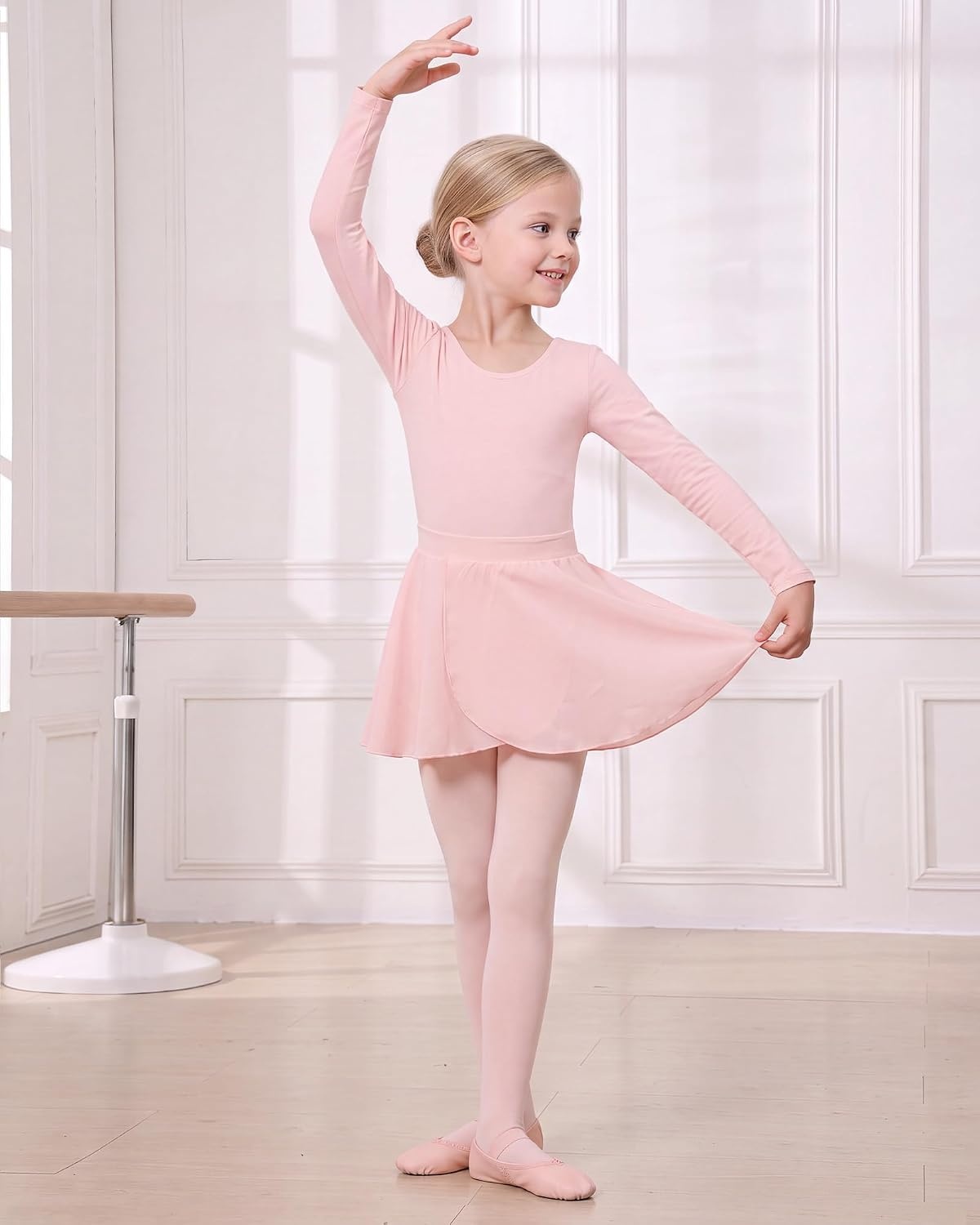Stelle Girls Ballet Leotards Dance Outfits with Skirt and Footed Tights(04-ballet Pink-long Sleeve)