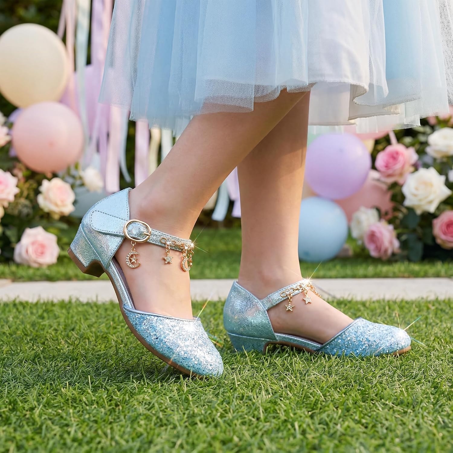 Stelle Girls Glitter Charm Dress Shoes Sequins Princess Heels for Party(Icy Blue Glitter)