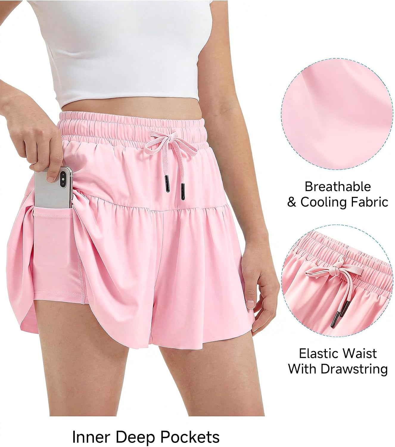 Stelle Butterfly Shorts Girls with Pocket Athletic Flowy Short 2 in 1 Dance Cheer Running Tennis Sports Skort(Pink)
