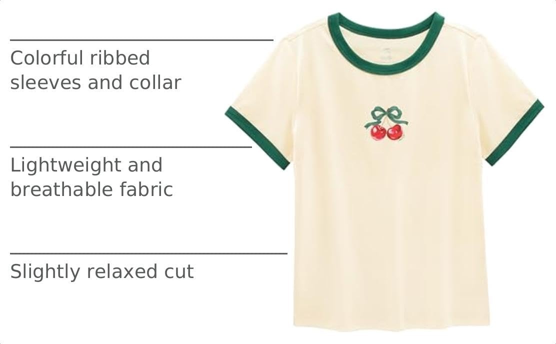 Stelle Girls Retro Graphic T Shirt Soft Stretch Crewneck for School(Cherry|vanilla)