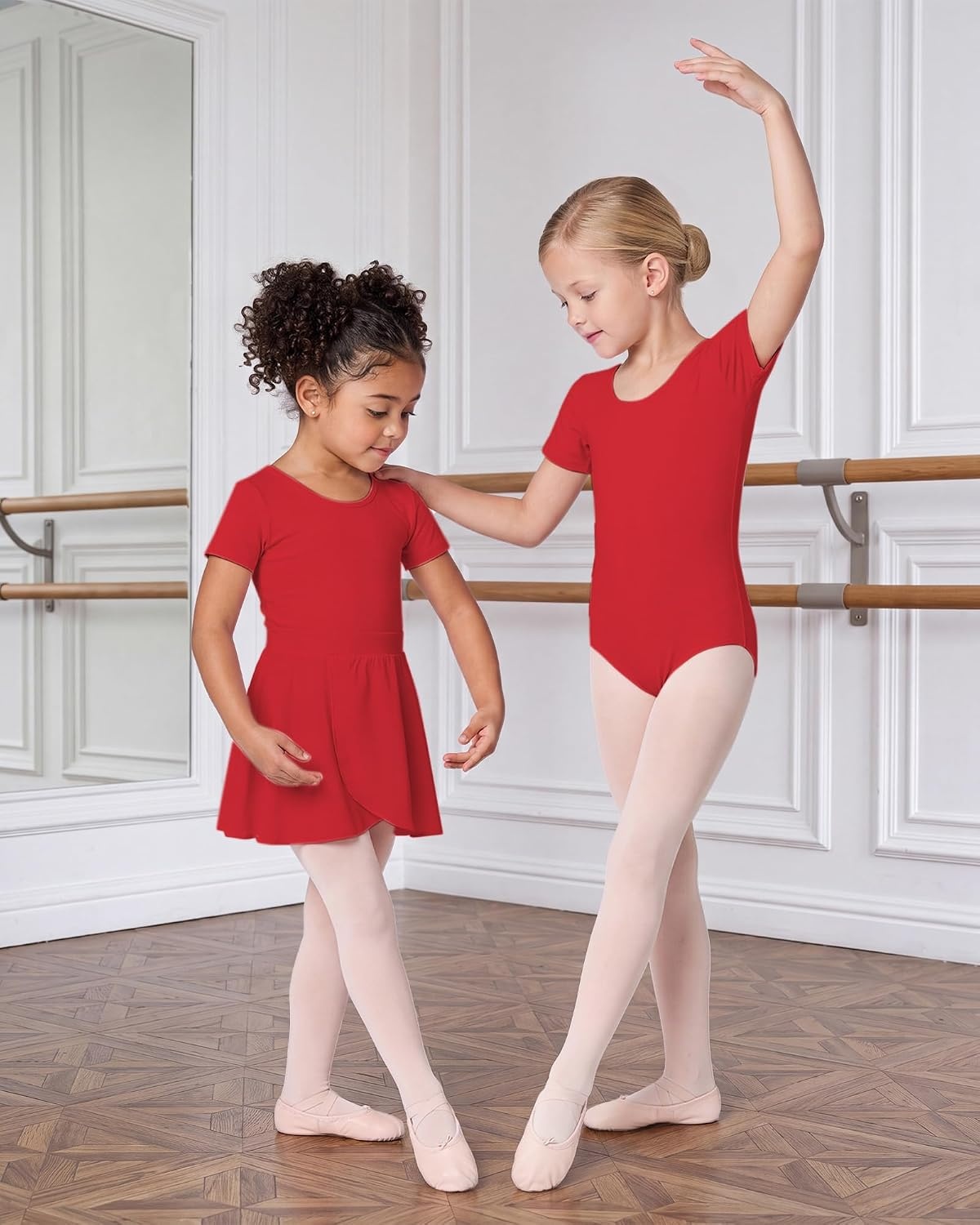Stelle Girls Ballet Leotards Dance Outfits with Skirt and Footed Tights(01-red)