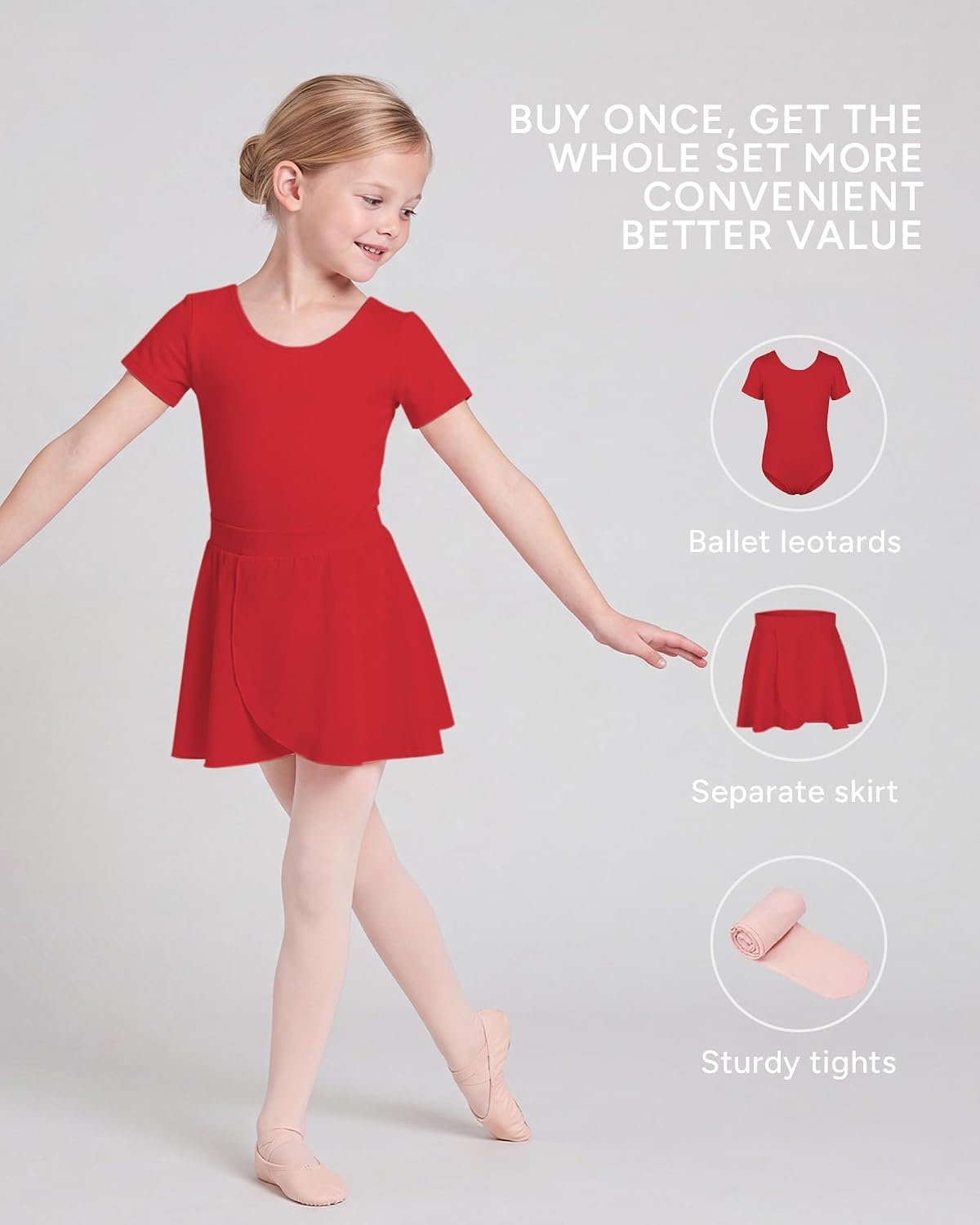 Stelle Girls Ballet Leotards Dance Outfits with Skirt and Footed Tights(01-red)