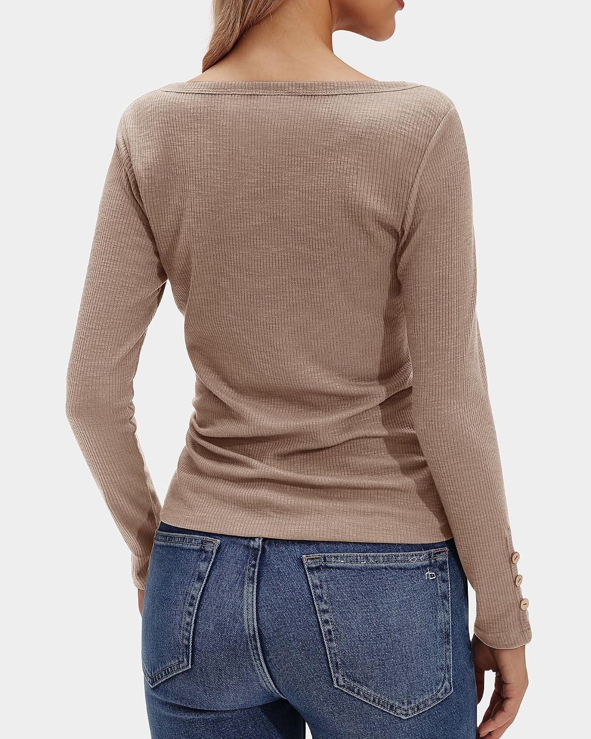 Stelle Women’s Long Sleeve Henley T Shirts Button Ribbed Knit Loose Fit Basic Tops Fall Fashion Outfits(Latte)