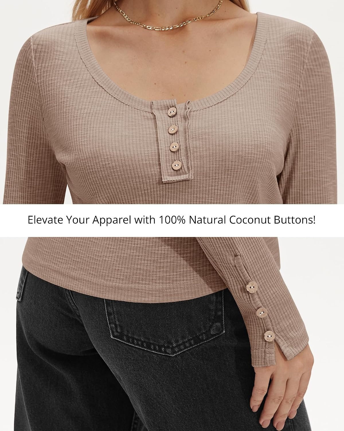 Stelle Women’s Long Sleeve Henley T Shirts Button Ribbed Knit Loose Fit Basic Tops Fall Fashion Outfits(Latte)