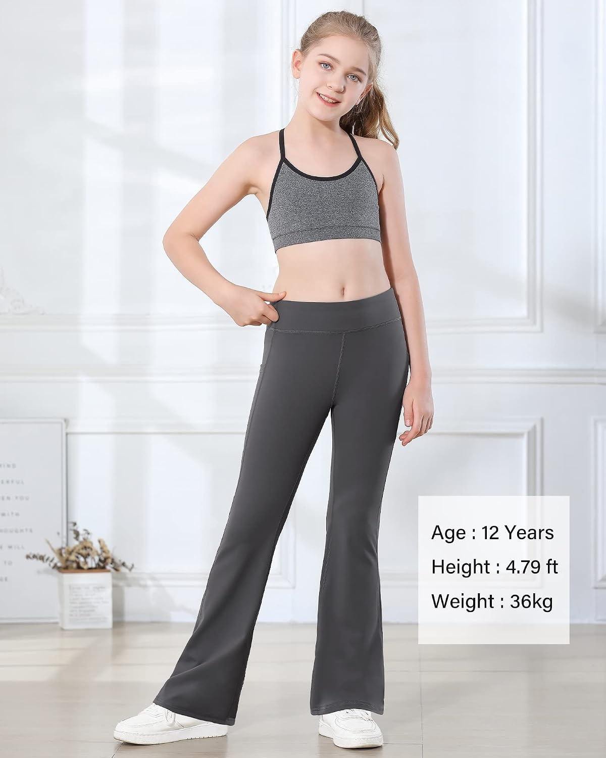 Stelle Girls Flare Leggings with Pockets High Waisted Bootcut Yoga Pants(04-b4-grey)