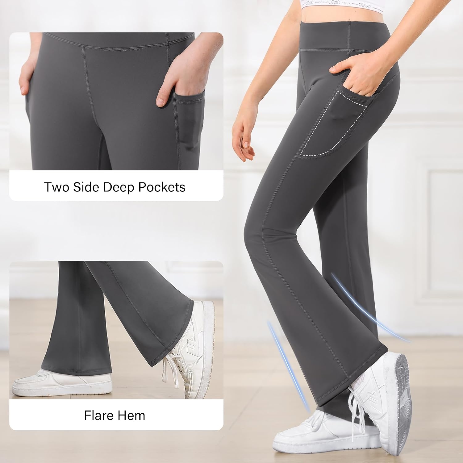 Stelle Girls Flare Leggings with Pockets High Waisted Bootcut Yoga Pants(04-b4-grey)