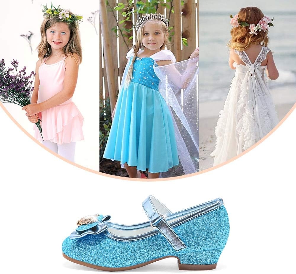 Stelle Girls Dress Shoes Glitter Princess Shoe Flower Mary Jane Low Heels Party Wedding Prom Footwear for Toddler Kids(T13-elsa Blue Glitter)