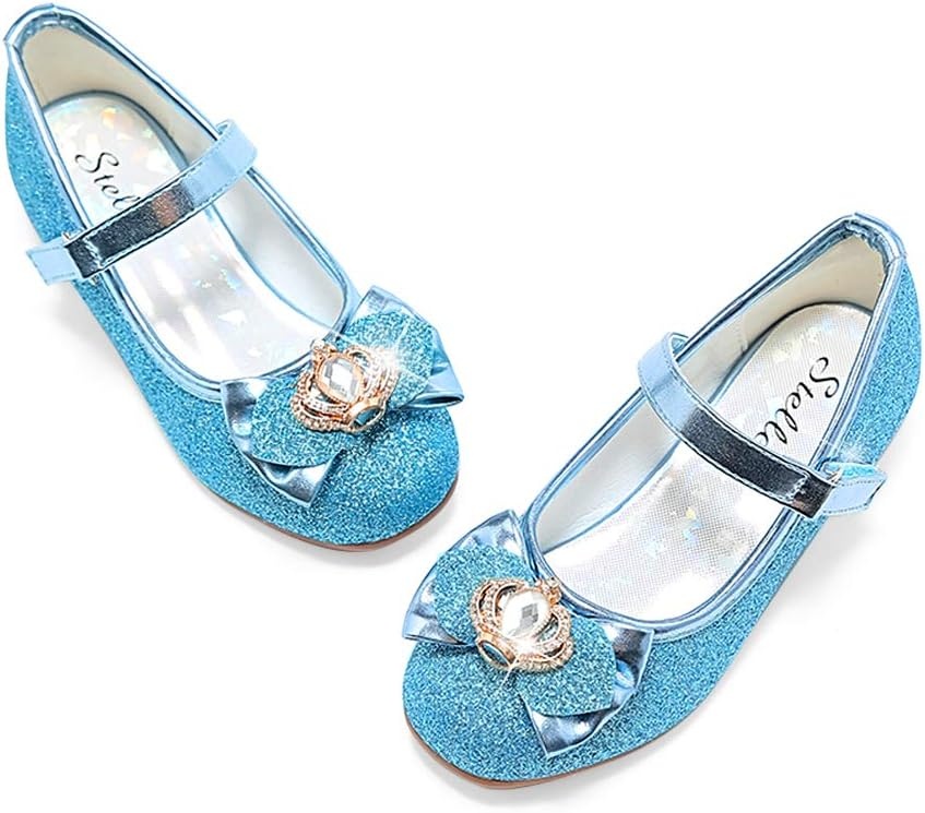 Stelle Girls Dress Shoes Glitter Princess Shoe Flower Mary Jane Low Heels Party Wedding Prom Footwear for Toddler Kids(T13-elsa Blue Glitter)