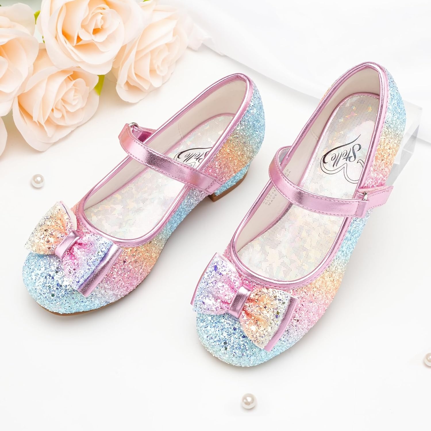 Stelle Girls Dress Shoes Glitter Princess Shoe Flower Mary Jane Low Heels Party Wedding Prom Footwear for Toddler Kids(T08-prism)