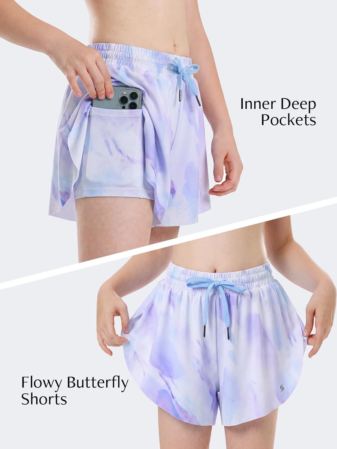 Stelle Girls Flowy Shorts with Pockets Athletic Running Skirt High Waist Butterfly 2 in 1 Sports Short 5-16 Years(Lilac Sky)