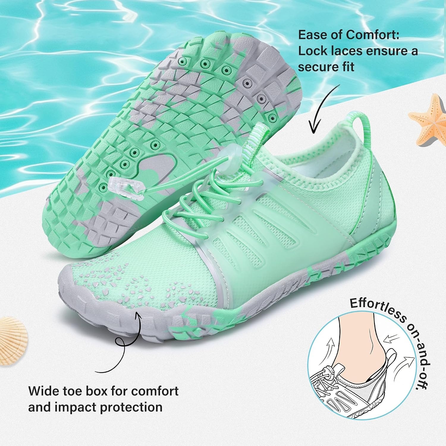 Stelle Kids Water Shoes TPU-Reinforced Barefoot | Non-Slip Quick Dry Packable Design with Cord-Lock Drawstring for Boys Girls-Beach Pool Hiking,Toddler to Big Kid(Mint Green)