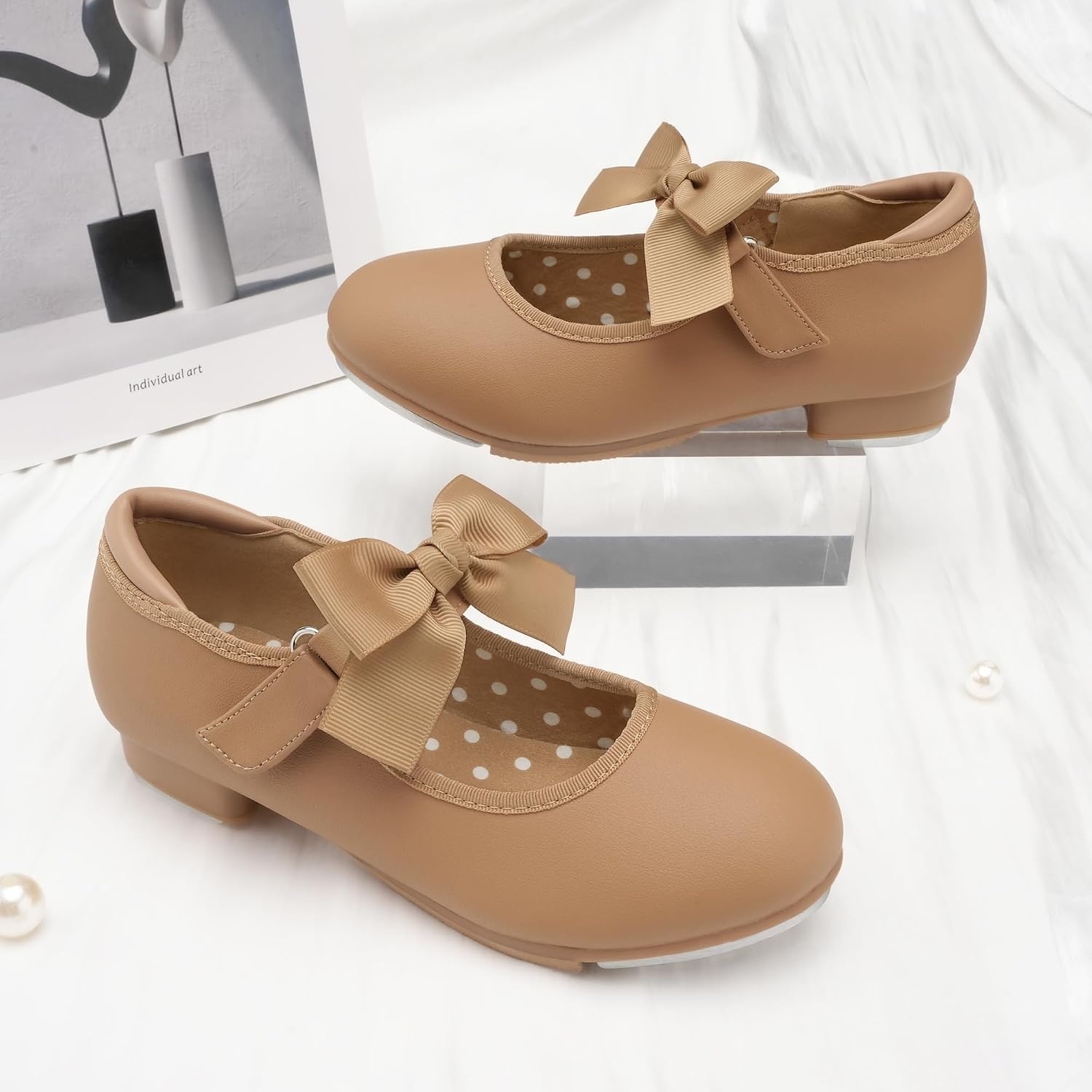 Stelle Toddler Tap Shoes with Detachable Bow(Toddler/Little Kid/Big Kid) | Detachable ribbon bow accent,Hook-and-loop,Steel toe heel taps,Cushioned insole,Padded heel collar(Tan)