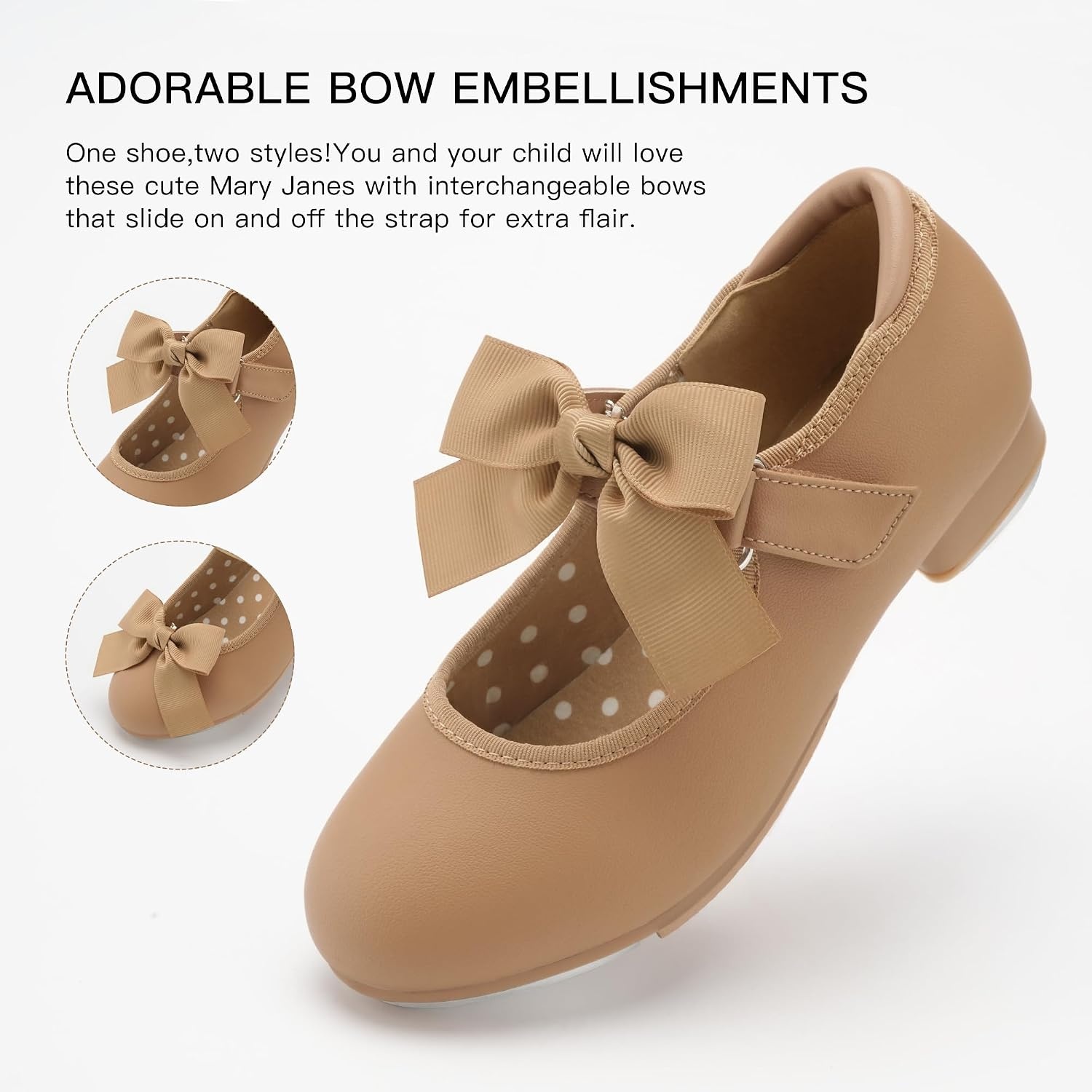 Stelle Toddler Tap Shoes with Detachable Bow(Toddler/Little Kid/Big Kid) | Detachable ribbon bow accent,Hook-and-loop,Steel toe heel taps,Cushioned insole,Padded heel collar(Tan)