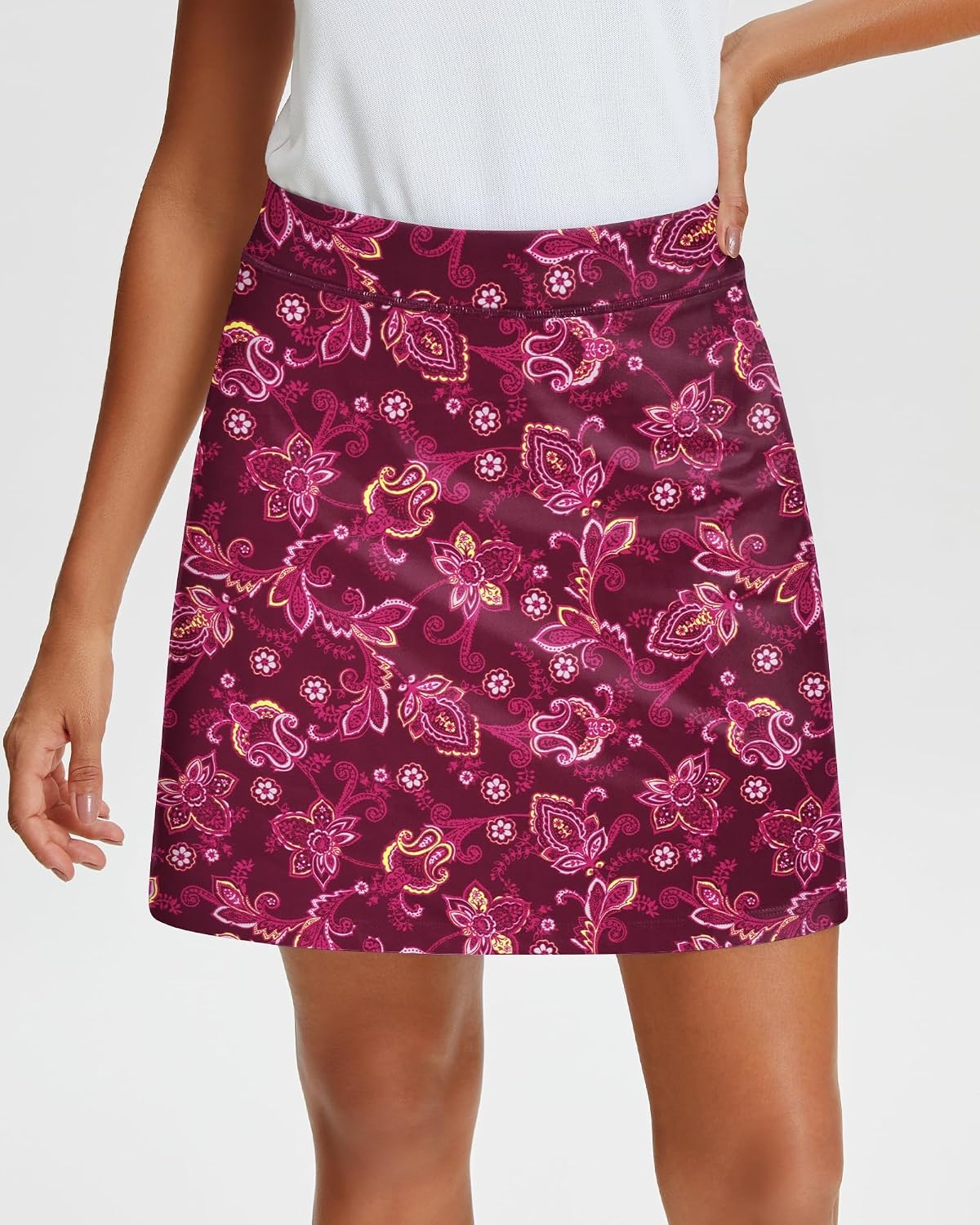 Stelle 17″ Golf Skirts for Women Pickleball Tennis Skorts with 2 Pockets | Athletic Skorts, High Waisted, Tummy Control, Built-In Shorts, Flattering Fit, Side Slits, Running(Scarlet Vines Print)