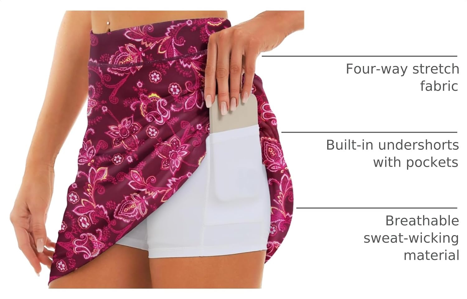 Stelle 17″ Golf Skirts for Women Pickleball Tennis Skorts with 2 Pockets | Athletic Skorts, High Waisted, Tummy Control, Built-In Shorts, Flattering Fit, Side Slits, Running(Scarlet Vines Print)