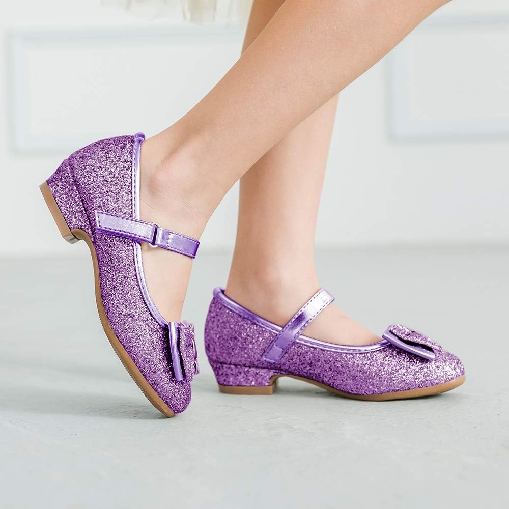 Stelle Girls Dress Shoes Glitter Princess Shoe Flower Mary Jane Low Heels Party Wedding Prom Footwear for Toddler Kids(T08-purple Glitter)