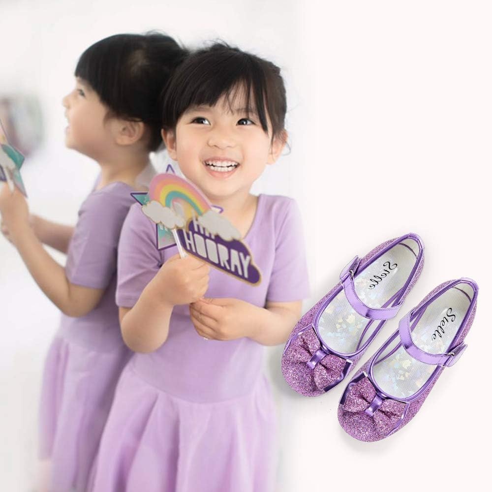 Stelle Girls Dress Shoes Glitter Princess Shoe Flower Mary Jane Low Heels Party Wedding Prom Footwear for Toddler Kids(T08-purple Glitter)
