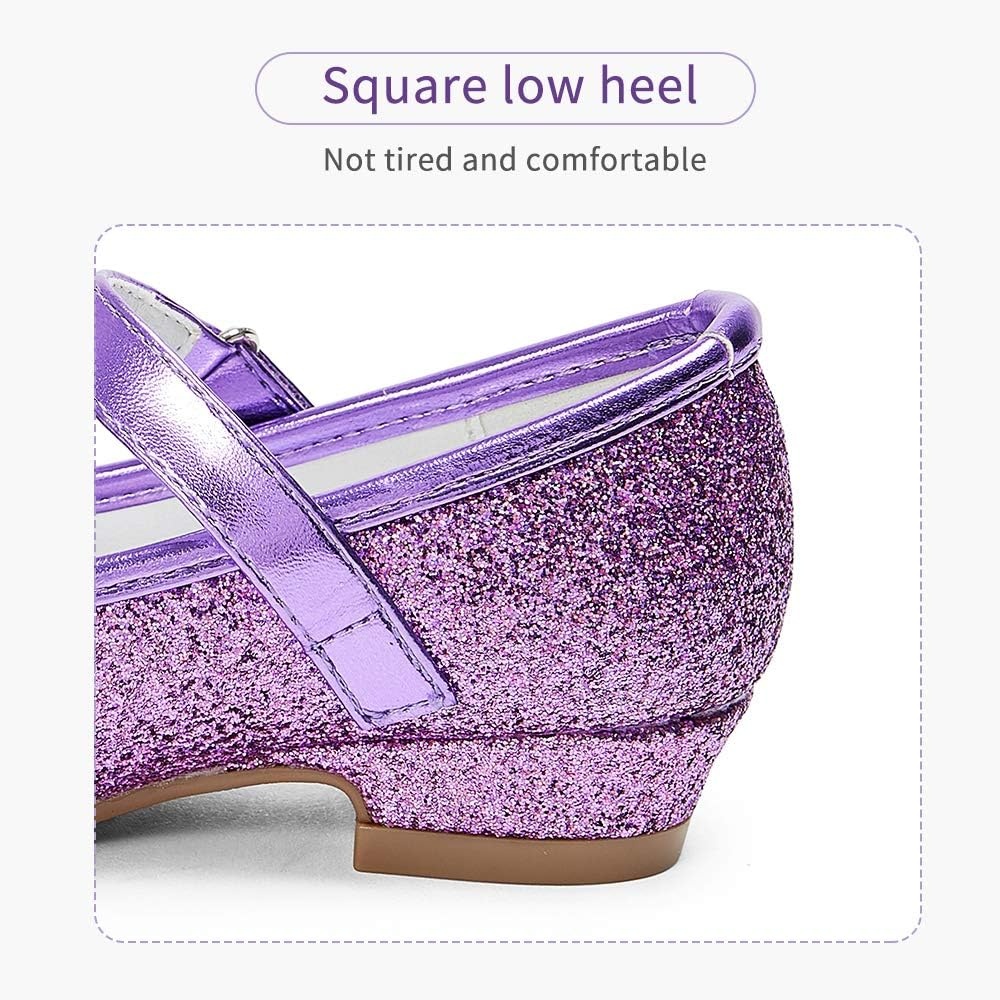 Stelle Girls Dress Shoes Glitter Princess Shoe Flower Mary Jane Low Heels Party Wedding Prom Footwear for Toddler Kids(T08-purple Glitter)