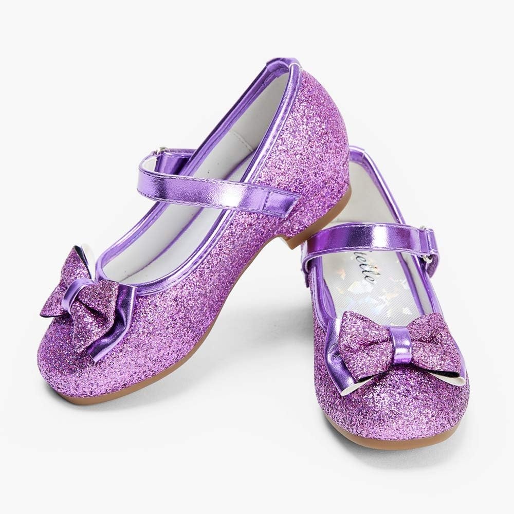 Stelle Girls Dress Shoes Glitter Princess Shoe Flower Mary Jane Low Heels Party Wedding Prom Footwear for Toddler Kids(T08-purple Glitter)