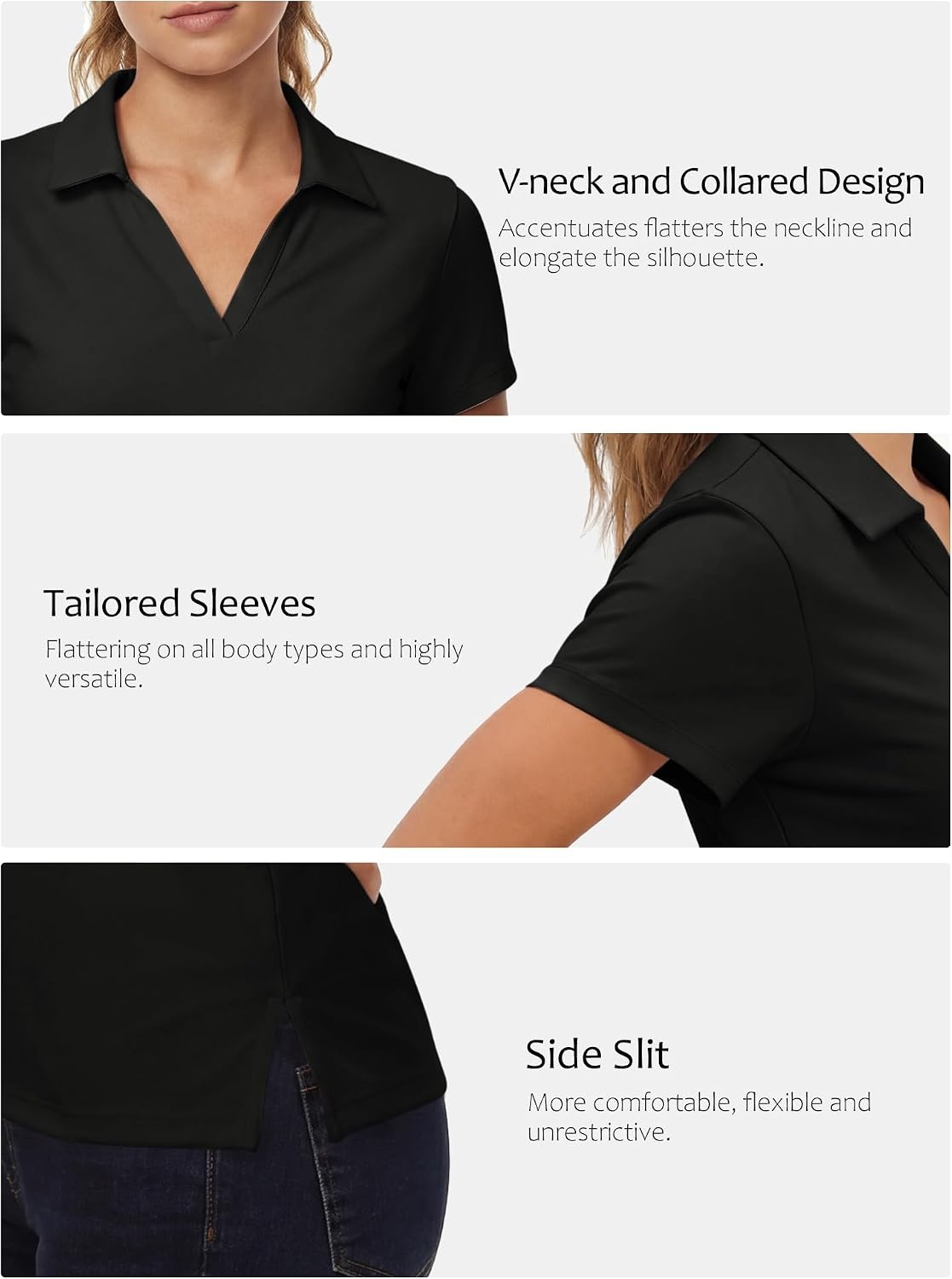 Stelle Womens Golf Polo Shirts V Neck UPF50+ Quick Dry Business Casual Tops(Black)