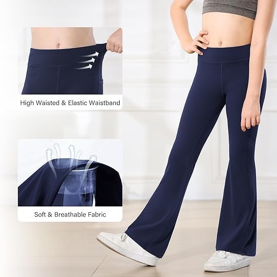 Stelle Girls Flare Leggings with Pockets High Waisted Bootcut Yoga Pants(11-c2-black/Grey/Navy)